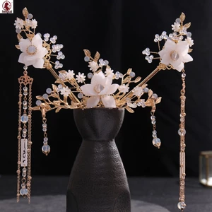 Bộ kẹp tóc và tua rua Hanfu truyền thống của Trung Quốc, Phụ kiện tóc ngọc trai giả bằng hợp kim kim loại cổ điển dành cho nữ, Mũ nón cổ điển thanh lịch để biểu diễn sân khấu Cosplay và