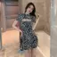 Thiết kế thời trang Váy in họa tiết da báo ngắn tay in hình ngựa vằn mùa hè Phong cách mới Váy hông ôm gợi cảm