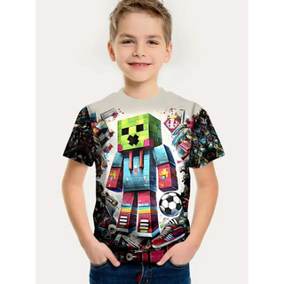 Pixel Creeper Zombie Kim Cương Giáp Trẻ Em Áo Thun Tay Ngắn Bé Trai Mùa Hè Pixel Vuông Hoạt Hình Thoáng Khí Tay Ngắn Giữa Lớn Trẻ Em 3-13 Tuổi Thường Ngày Trẻ Em