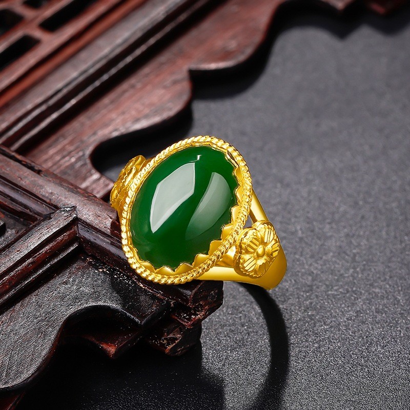 Nhẫn ngọc Hetian dát vàng có lỗ mở có thể điều chỉnh