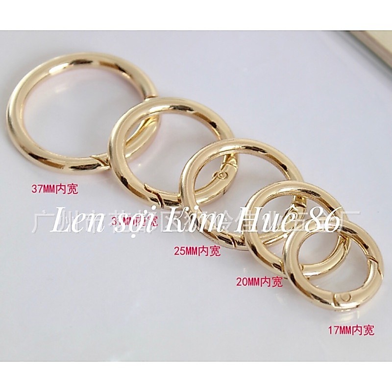 Khoen tròn mở ( 2 cái)-Khoen tròn bằng thép hợp kim, màu vàng dùng làm phụ kiện treo túi xách,ĐK:( 17,5mm – 48mm) +10%..