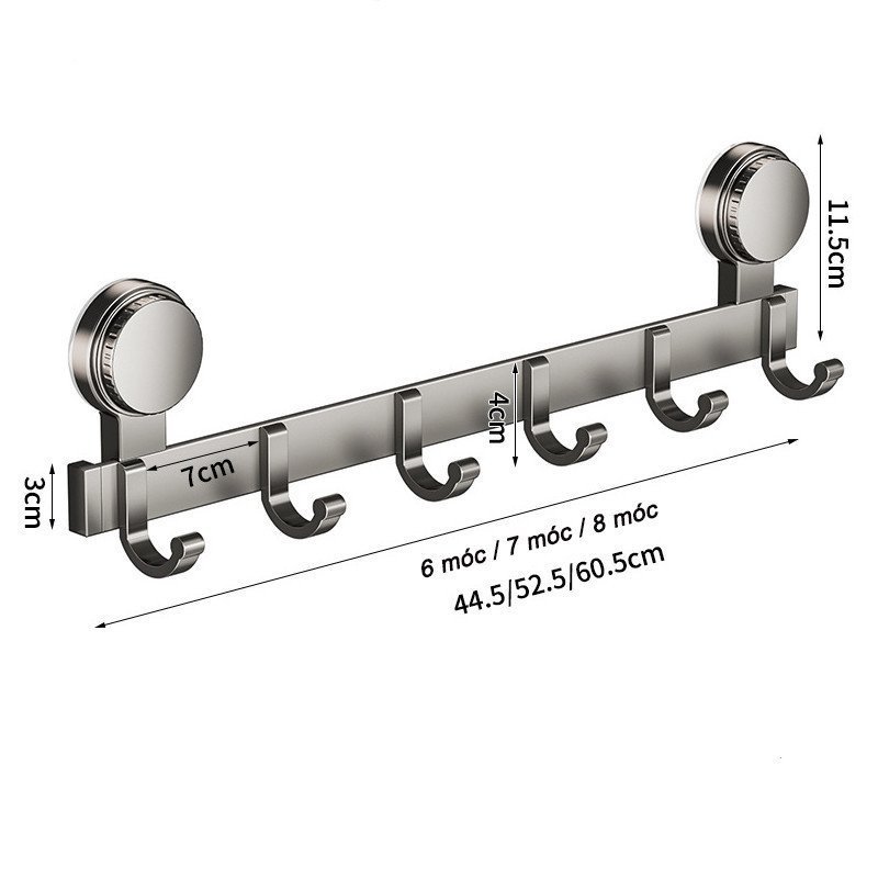 Móc Treo Tường Hút Chân Không Đa Năng Thanh Inox Treo Khăn Quần Áo Nhà Tắm Bếp Phòng Ngủ