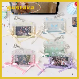 Giá đỡ Photocard 3 inch GUSTAVA, có nơ ruy băng & móc khóa Tấm bảo vệ thẻ ảnh chống nước, PVC bền bỉ Màn hình thẻ thần tượng Kpop trong suốt Đồ dùng học tập