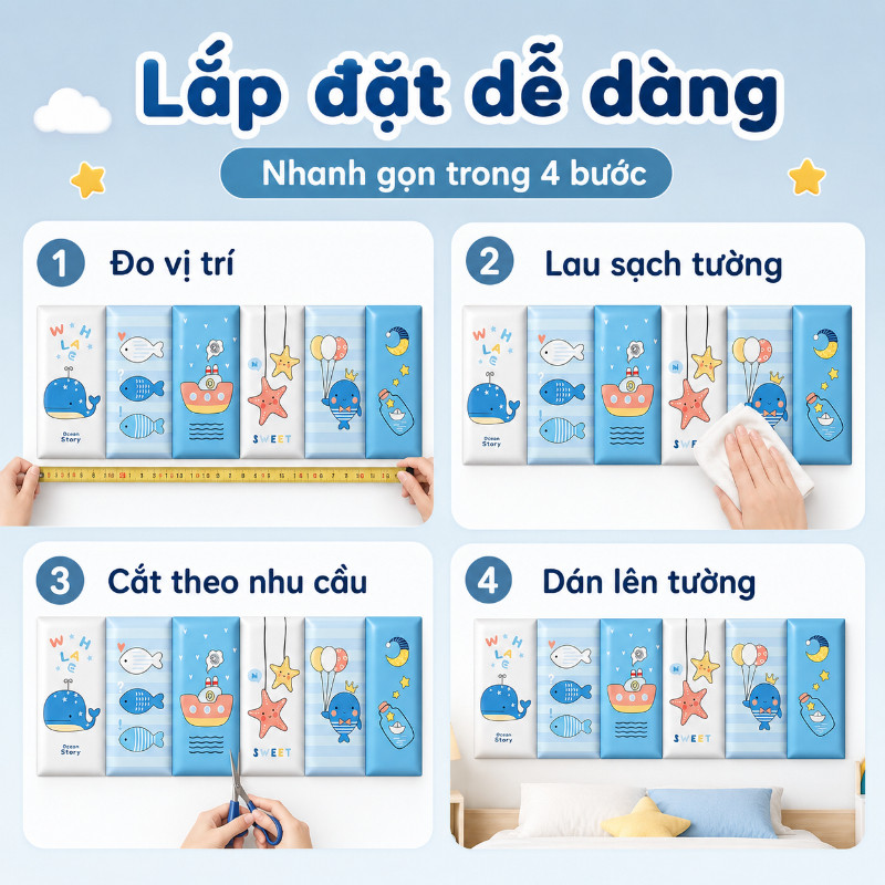Xốp Dán Tường 3D Chống Va Đập Cho Bé 6Pcs 180x60cm, Tấm Lót Đầu Giường Trang Trí Phòng Ngủ