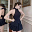 Set Đồ Nữ Kẻ Sọc Tăm Áo Cổ Yếm Đính Cúc Hở Lưng Phối Quần Giả Xếp Ly Tầng Dáng Sang Chảnh Hot Trend BYJOLIE HAH