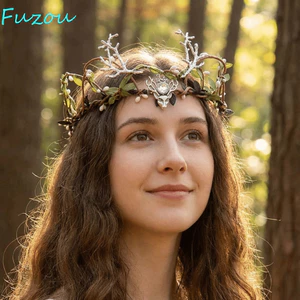 FUJIOU Elven Crown, Vine Kim Cương Giả Trang Trí Tiara, Cổ Tích Mô Phỏng Lá Cây Diadem Giả Tưởng Cổ Tích Mũ Đội Đầu Cô Dâu Cưới