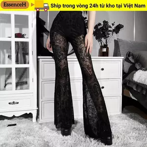 Quần ren ESSENCEH, Quần nữ Gothic Punk Y2K, Đen xuyên thấu chắp vá Quần Harajuku gợi cảm