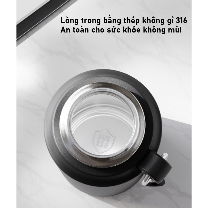 Bình giữ nhiệt 316L cao cấp, kèm cốc trà, dung tích 1000/800ml, màu đen/trắng, chống rò rỉ, giữ nóng/lạnh