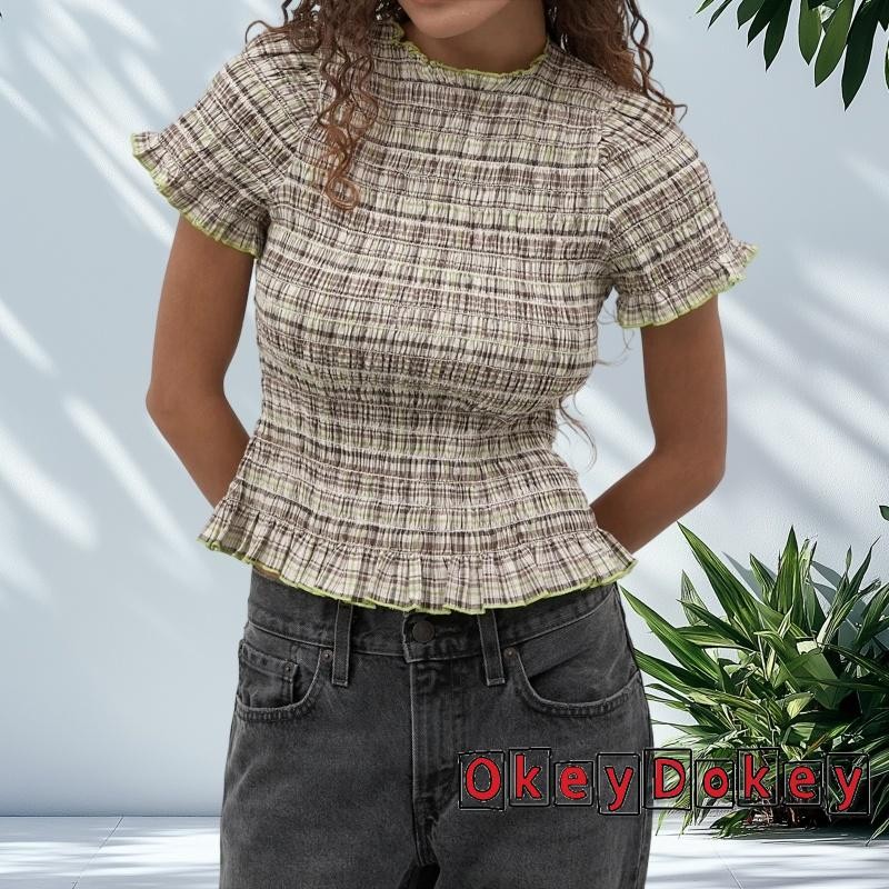 Áo sơ mi kẻ sọc ôm dáng, cổ ngắn tay crop ruffle, phù hợp dạo phố mùa hè