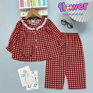 Bộ tole bé gái tay dài quần dài cài nút cổ ren 10-42kg - Đồ bộ tole Flower