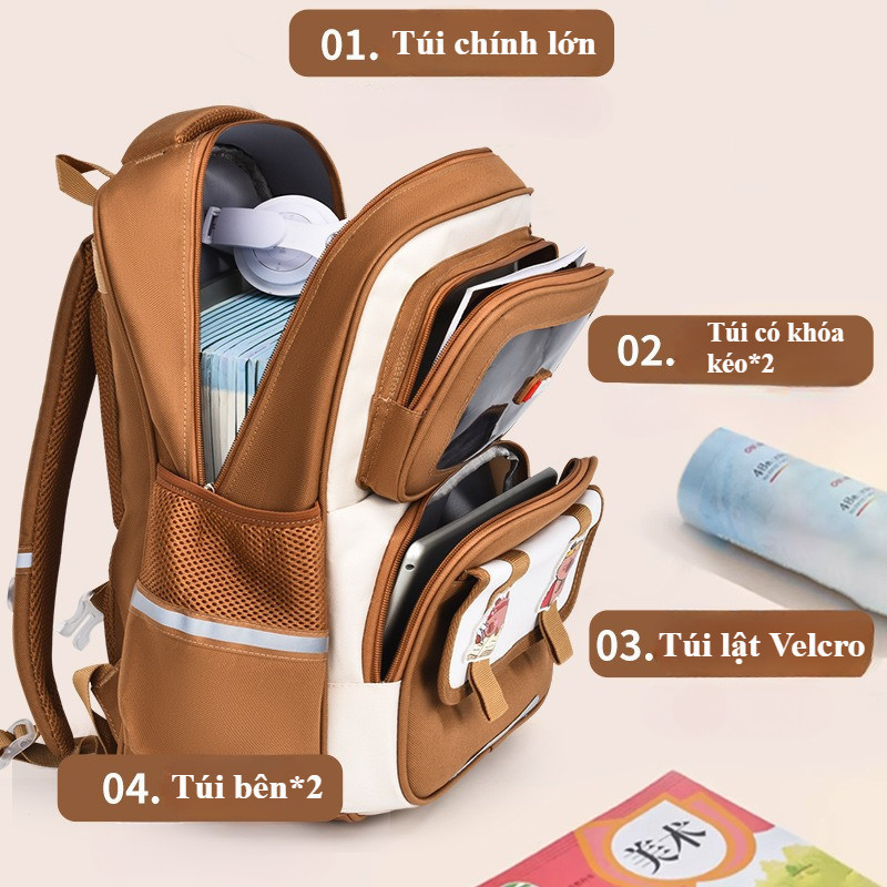 Balo Chống Gù Capybara Đáng Yêu, Đệm Lưng 3D Thoáng Khí, Dung Tích Lớn,Chống Nước, Cho Bé 5-15 Tuổi