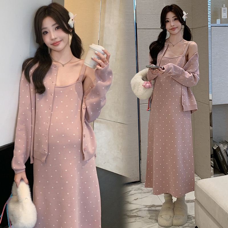 Bộ đồ bà bầu hai mảnh mùa thu, phong cách lười biếng và thời trang Hàn Quốc, váy dệt kim tiện lợi.