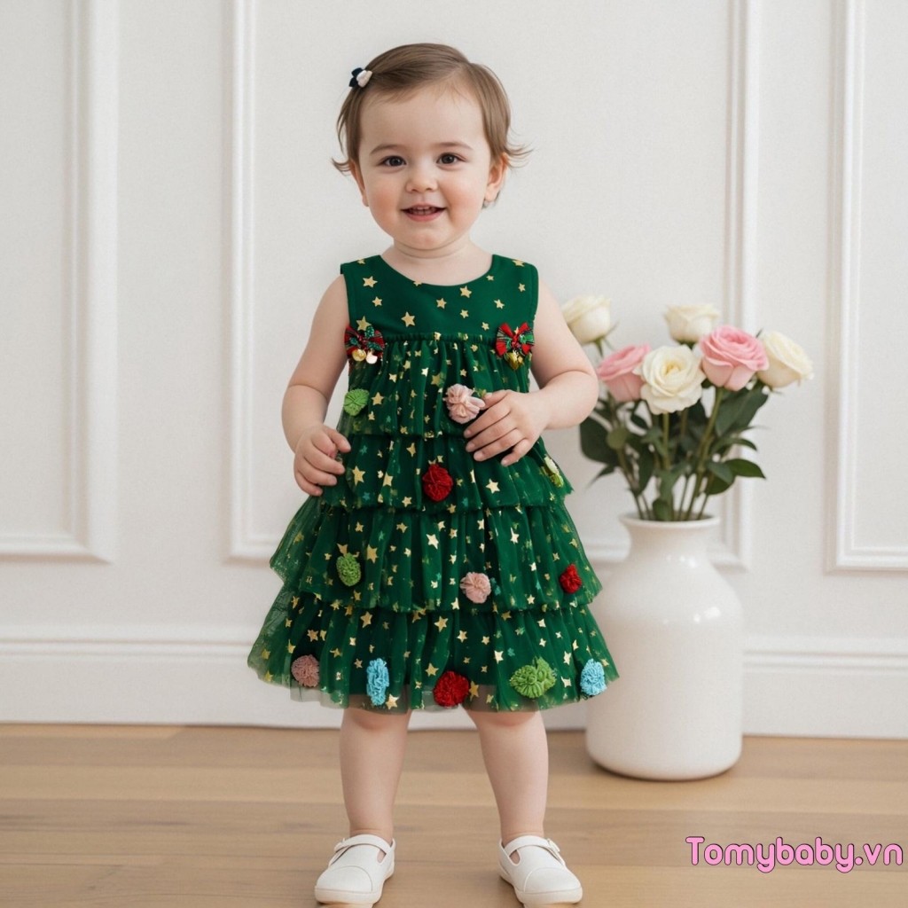Váy chữ A cho bé gái Giáng sinh không tay Ngôi sao sáng bóng Váy vải tuyn xếp lớp có chuông