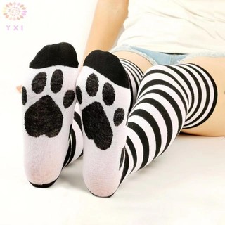 Y.X.I 1 Đôi Tất Trên Đầu Gối Dải Hồng Paw In Vớ Trên Đầu Gối Đùi Cao Dài Vớ Mới