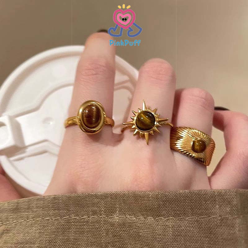 【pink】Vàng Hoa hướng dương Đá mắt hổ Nhẫn Nữ Thiết kế tinh tế Nhẫn Ngách Nhẫn Cao cấp