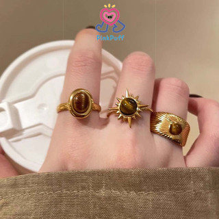 【pink】Vàng Hoa hướng dương Đá mắt hổ Nhẫn Nữ Thiết kế tinh tế Nhẫn Ngách Nhẫn Cao cấp