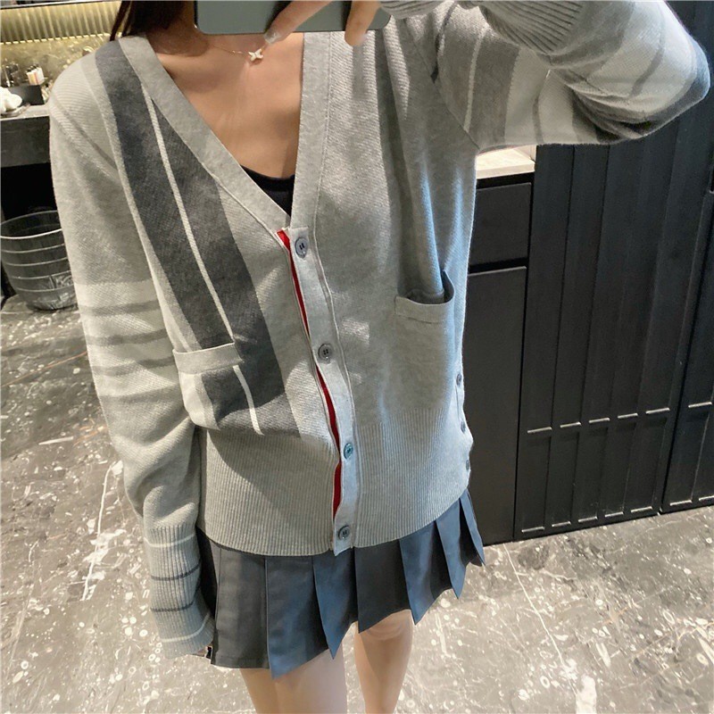 thombrowne Gray Contrast Color Striped Cardigan8787Style Color Block Knitted Jacket Asymmetric Striped Jacquard Sweater Top for Women