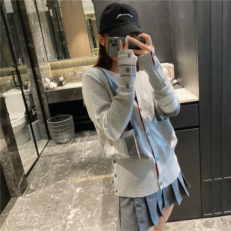 thombrowne Gray Contrast Color Striped Cardigan8787Style Color Block Knitted Jacket Asymmetric Striped Jacquard Sweater Top for Women