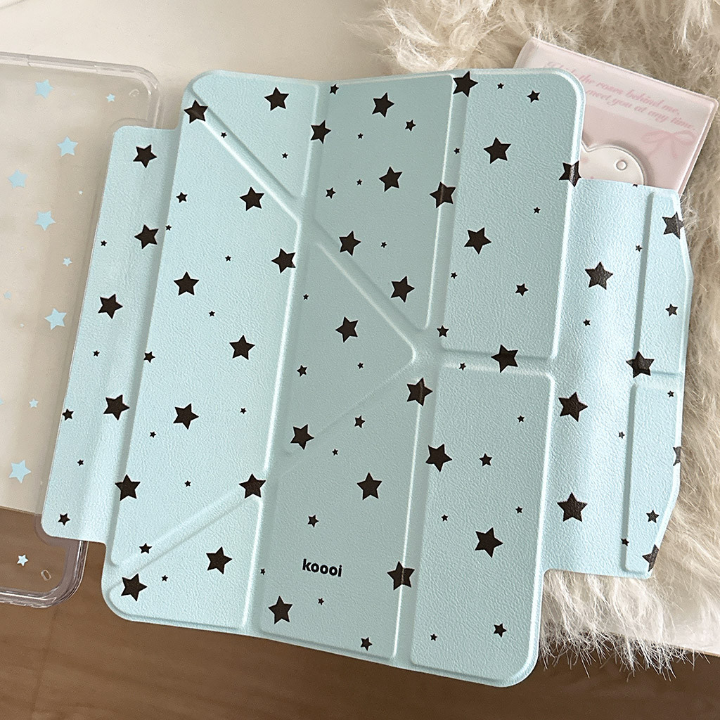 Vỏ bọc gấp ba chữ Y Da đen Ngôi sao cho Mini6 Mini7 A17Pro IPad 5 6 7 8 9 10 11 A16 Air 2 3 4 5 6 7 Air 11 M2 M3 Pro10.5 Pro11 2018 2020 2021 2022 M4 Pro13 Khe cắm bút chì 2024