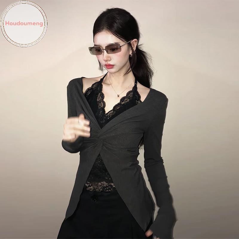hoodie hai mảnh mỏng gợi cảm cho nữ với ren và dây áo thun dài tay