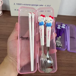 Bộ ba mảnh trái tim bé gái Sanrio Nĩa Đũa Bộ thìa Trẻ em Gui Học sinh tiểu học 6.12