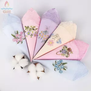 Khăn tay vuông GILL, Vải thêu hoa mềm mại có thể tái sử dụng, Hoa ren Cotton thanh lịch Hanky dành cho nữ