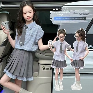 Bộ váy học viện bé gái mùa hè - Áo sơ mi caro tay ngắn phối chân váy xếp ly thời trang