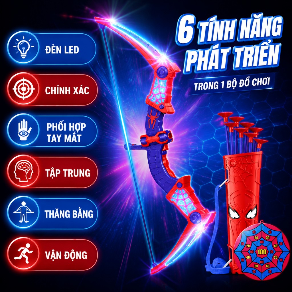 Bộ Cung Tên Người Nhện LED Phát Sáng Trọn Bộ 10 Món Đồ Chơi Ngoài Trời An Toàn Cho Bé Trai 3 Tuổi