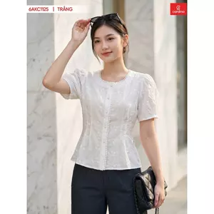Áo sơ mi nữ CARDINA chất liệu thô thêu tay cộc dáng peplum cổ vuông 6AKC11