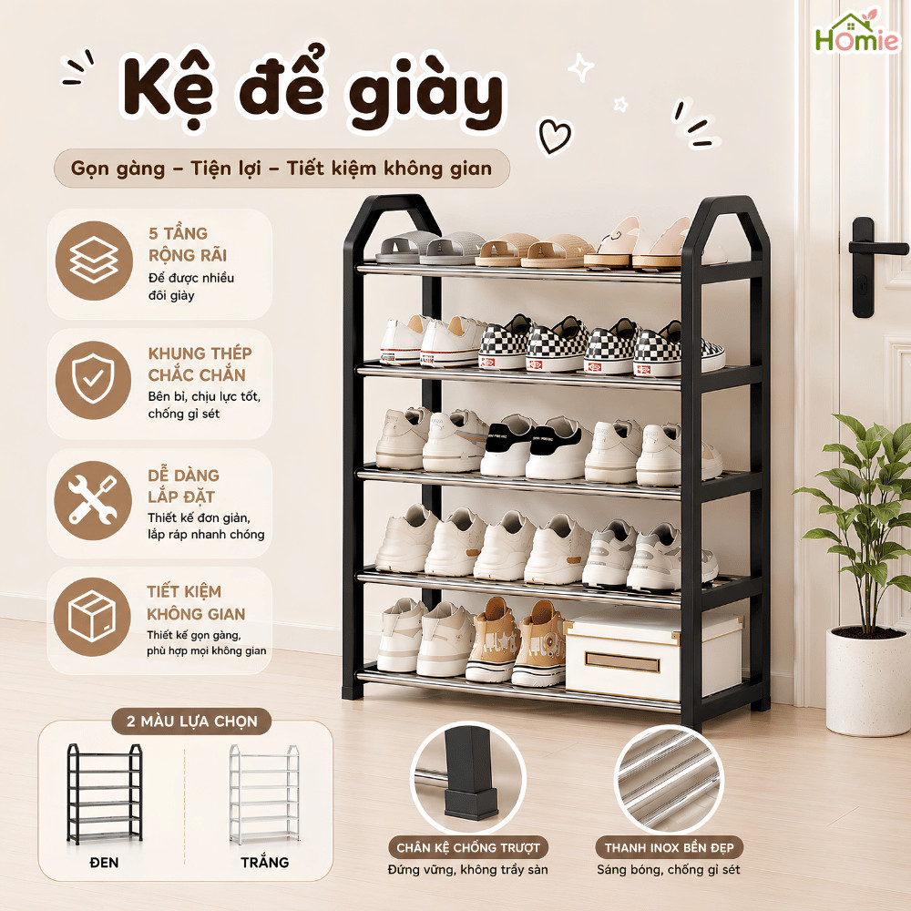 Kệ Để Giày Dép Nhiều Tầng Khung Thép Sơn Tĩnh Điện HOMIE Giá Giày Gọn Nhẹ Để Cửa Tiết Kiệm Diện Tích