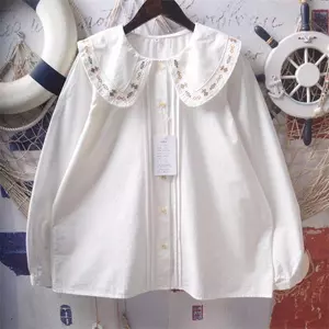 Áo sơ mi thêu búp bê phong cách cổ điển hoa Nhật Bản Áo sơ mi dài tay dáng rộng