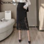 Phụ Nữ Chắc Chắn Váy Ren Đen Nữ Bất Đối Xứng Bodycon Bút Chì Váy Làm Việc Midi Váy