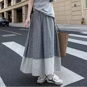 Váy sọc xanh Hàn Quốc Phong cách mới co giãn eo cao mỏng hơn Váy dài chữ A