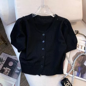 Áo thun ngắn tay kiểu Pháp Nữ Rỗng Mỏng Slim-Fit Áo len dệt kim ngắn Top Hợp thời trang 6.23