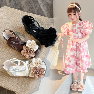 Giày sandal bé gái đính hoa nổi - Giày công chúa phong cách La Mã, quai hậu điệu đà, đi biển đi chơi