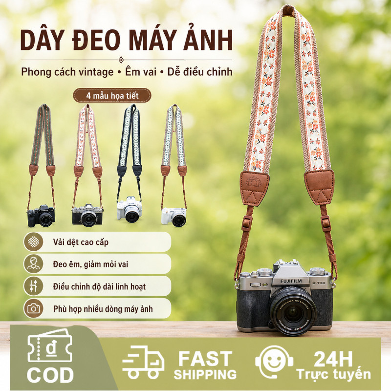 Dây đeo máy ảnh phong cách vintage, thêu họa tiết tinh xảo, phù hợp sony zv e10 a6000 fuji canon nikon dslr