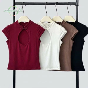 CATMALLER88 Mandarin Collar Top, Stand Collar Nút Nút Nút Nút Rỗng Ra, Vintage Keyhole Cutout Slim Fit Phong Cách Trung Hoa Nút Nút Áo Nữ