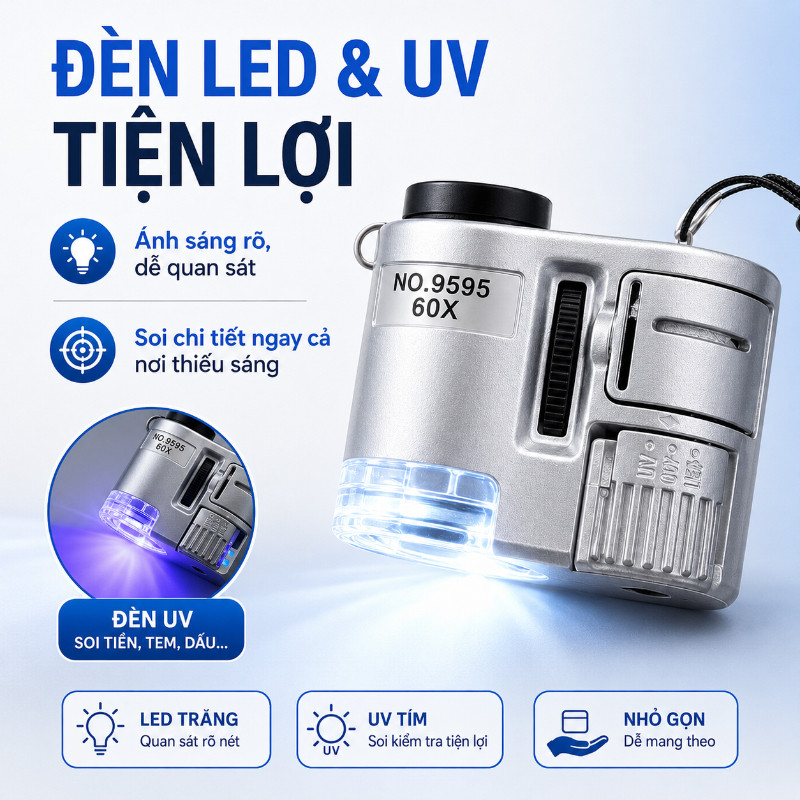 Kính Lúp Mini Cầm Tay 60X Màu Bạc Có Đèn LED Và UV Nhỏ Gọn Dễ Mang Soi Chi Tiết Trang Sức Đồng Hồ