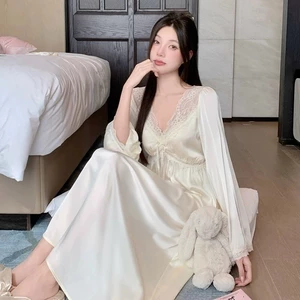 Bộ Đồ Ngủ Pháp Ice Silk Váy Ngủ Dài Tay Ren Ngọt Ngào Xuân Thu Cung Điện Công Chúa Loungewear Ngực Miếng Lót Gợi Cảm