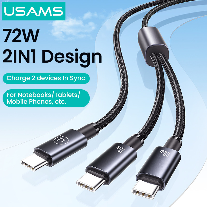 Cáp USB C sang USB C 2 trong 1 USAMS 72W Type-C sang Type-C & Type-C Cáp dữ liệu và sạc nhanh