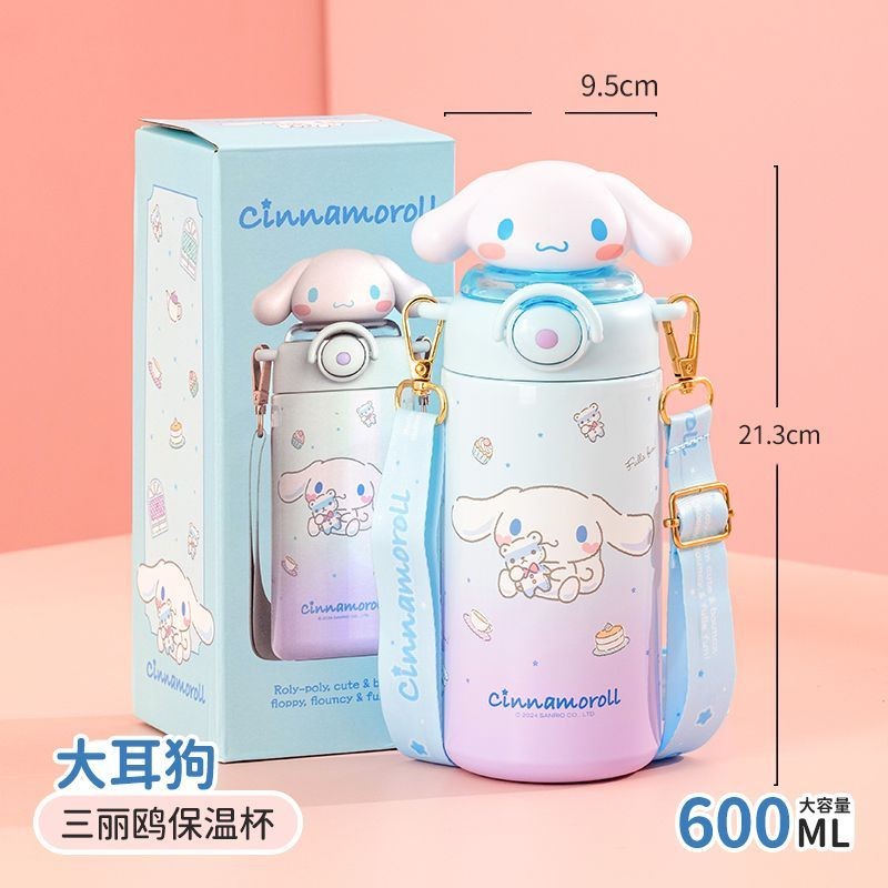 600ml Hoạt Hình Cách Nhiệt Chai Kuromi Pochacco Cinnamoroll Hello Kitty Di Động Ngoài Trời Nhựa Uống Trực Tiếp Có Ống Hút