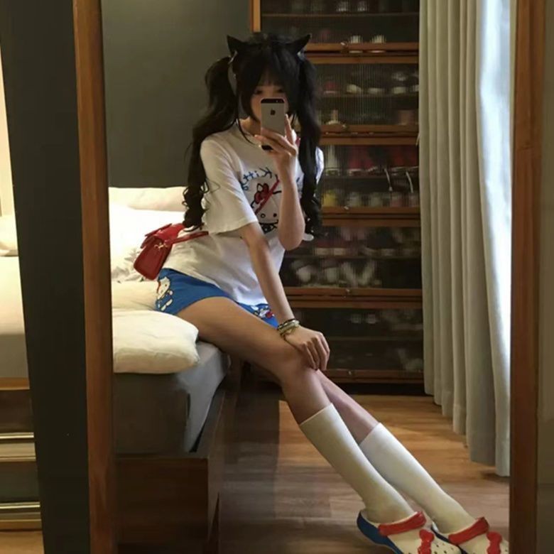 Bộ Đồ Ngủ hellokitty Dễ Thương Nữ Quần Short Tay Ngắn ins Phong Cách Plus Kích Thước Thường Ngày Một Mảnh Hàng Đầu