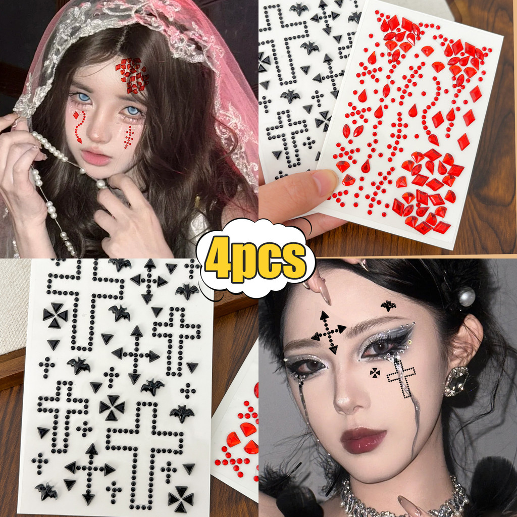 Nhãn mặt kim cương Halloween với thiết kế dơi Gothic và vết thương máu, màu đen và đỏ, phù hợp cho trang phục party và cosplay