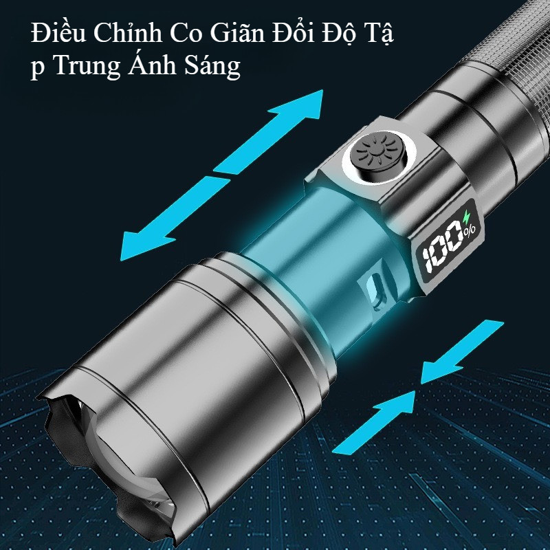 Đèn pin cầm tay siêu sáng, 1800mah pin dung lượng cao, màn hình LCD hiển thị pin, Bấc đèn nhập khẩu, Cổng Sạc TYPE-C