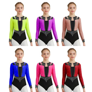 Yhong Trẻ Em Bé Gái Sáng Bóng Kim Cương Giả Thể Dục Leotard Tay Dài Lỗ Khóa Lưng Hình Trượt Băng Body Dancewear Trình Diễn Sân Khấu Trang Phục