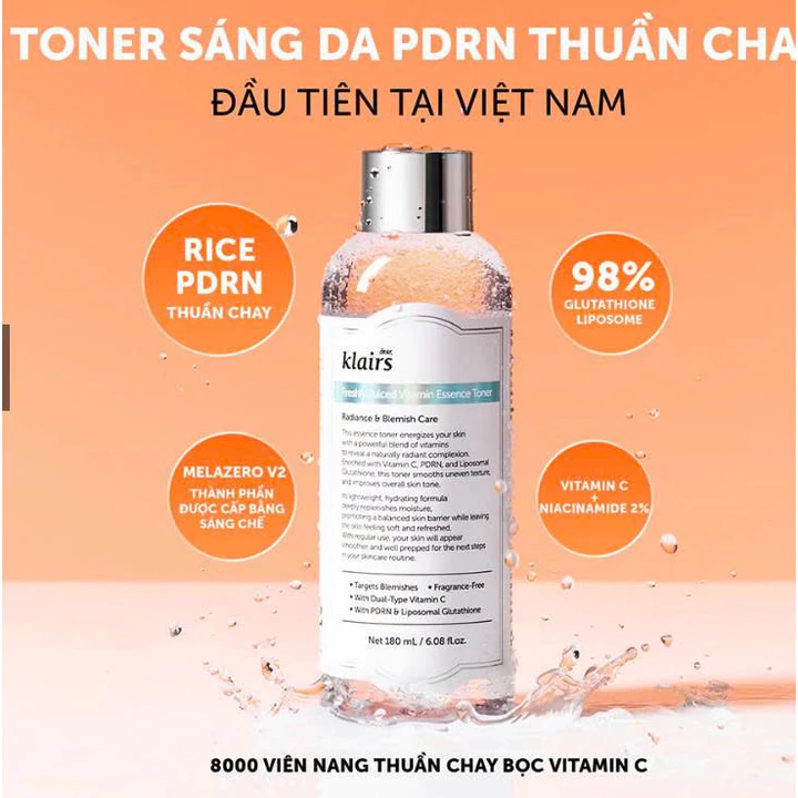 Toner Dear, Klairs trắng nước hoa hồng hỗ trợ làm sáng da Freshly Juiced Vitamin Essence Toner 180ml