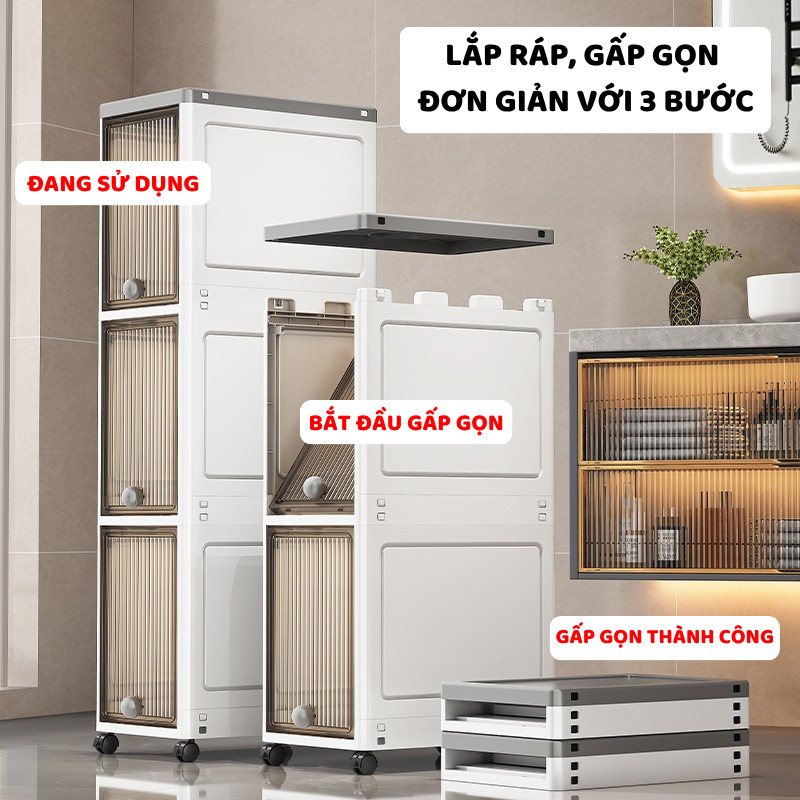 Tủ Nhựa Gấp Gọn Phòng Tắm ENODA HOME, Tủ Cửa Lật Trong Suốt Đựng Đồ Đa Năng Có Bánh Xe Di Chuyển Tiện Lợi TUN003