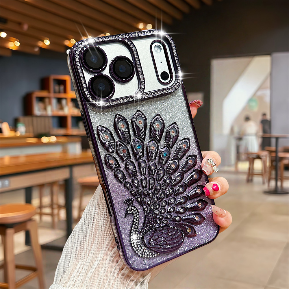 Ốp điện thoại hình con công Flash Diamond 3D cho iPhone 17 Pro Max 16 13 14 15 Pro Max Air Phim bảo vệ gương chống rơi TPU mềm vỏ bảo vệ điện thoại