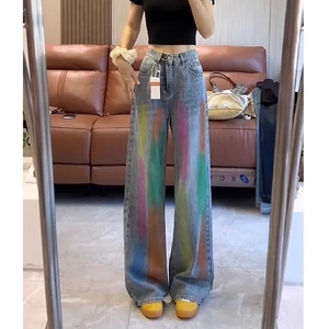 Quần Jeans Nữ Ống Rộng In Hình Cầu Vồng Graffiti Phong Cách Mới