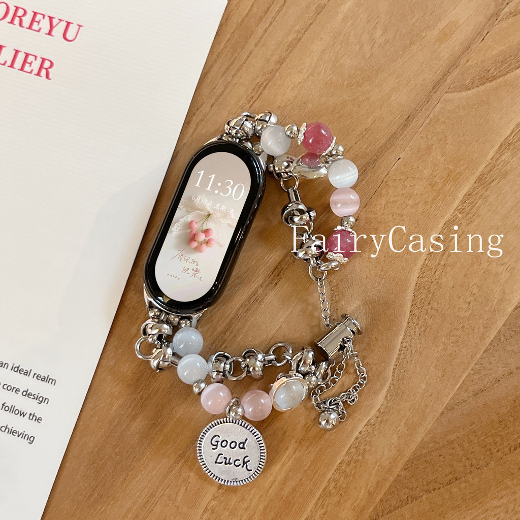 Dây đeo dây chuyền đá mắt mèo màu hồng cho Xiaomi Mi Band 10 9 8 7 6 5 4 3 cho Redmi Watch 6 5 4 Dây đeo cổ tay có thể điều chỉnh